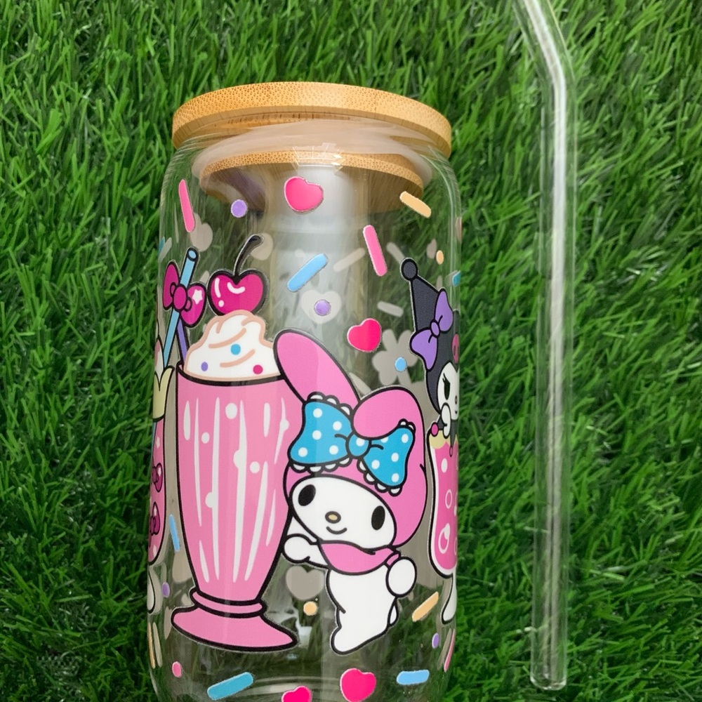 Cute Hello Kitty Cinnamaroll Glass Tumbler with Straw - Pink Sanrio coffee tea